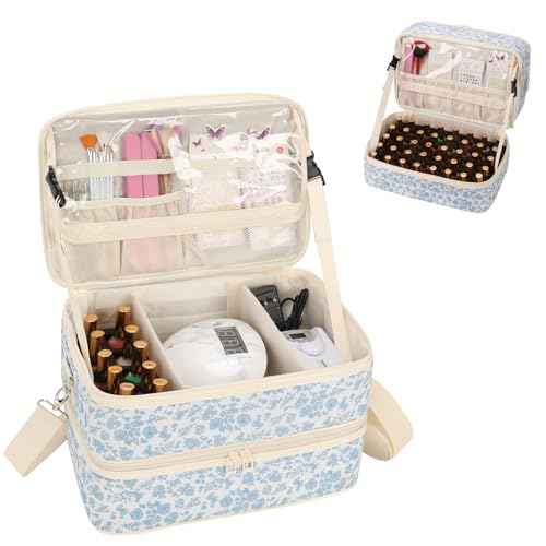 Ethereal Nail Polish Organizer Case Holds 50+ Bottles(15ml/0.5fl.oz) and Nail Lamp, Double Layer Nail Polish Storage Bag for Nail Kit, Manicure Tools,blue flower