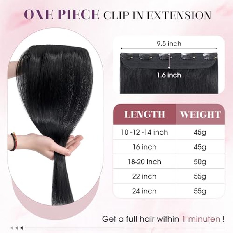 S-noilite One Piece Hair Extensions Clip in Human Hair 5 Clips 3/4 Full Head Clip on Remy Hair Extension for Women,One-Piece Design Adding Hair Volume 20 Inch 50g #Jet Black