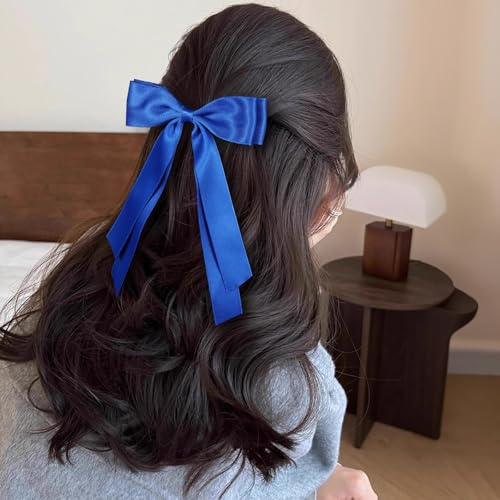 Royal Blue Large Hair Bows Alligator Clip 5.5" Solid Satin Polyester Ribbon Ponytail Hair Barrettes with Long Tail Wedding Dress Decor Accessories for Women Toddler Teen Girls