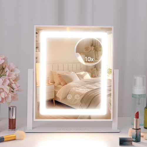 Lighted Makeup Mirror£¬Hollywood Vanity Mirror with Lights£¬Touch Control£¬3 Colors Dimable£¬Brightness Adjustable£¬Detachable 10x Magnification£¬for Vanity Desk Tabletop£¬Bedroom£¬360¡ÆRotation£¬Gift for Women