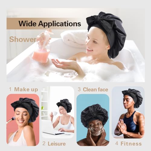 Silk Bonnet for Sleeping Women, Ajustable Hair Bonnet for Curly Hair with Tie Band Shower Caps Black£¬Large