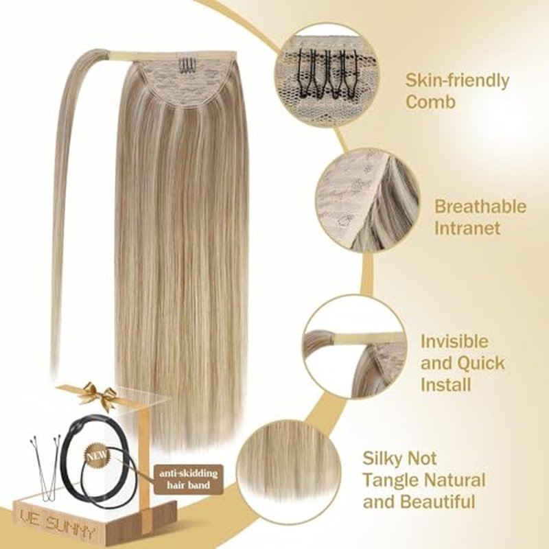 Ve Sunny Ponytail Extension Real Human Hair for Women Clip in Ponytail Hair Extension Straight Hair Pieces Wrap Around Dark Ash Blonde Highlights Golden Blonde 14inch 80G