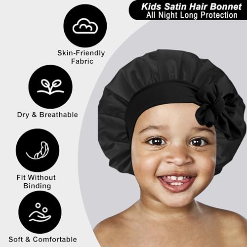 3 Pcs Kids Silk Bonnet for Sleeping - Baby Satin Bonnet for Sleep,Kids Hair Bonnets for Curly Hair Girls Boys with Wide Elastic Band,Sleeping Cap for Teens Toddler Child (Pink+Black+Light Blue)