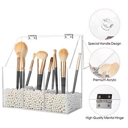 Acrylic Makeup Brush Holder, Clear Cosmetic Storage Box with 3 Brush Holders, Dust Cover, Large-Capacity Split Design for Organizing Vanity Desk