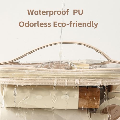 Large Clear Makeup Bag Big Cosmetic Bags Waterproof Toiletry Orangizer with Handle Transparent Toiletries Case Travel Pouch for Women Girls Daily Beauty Purse Essentials Skincare Bag Off White
