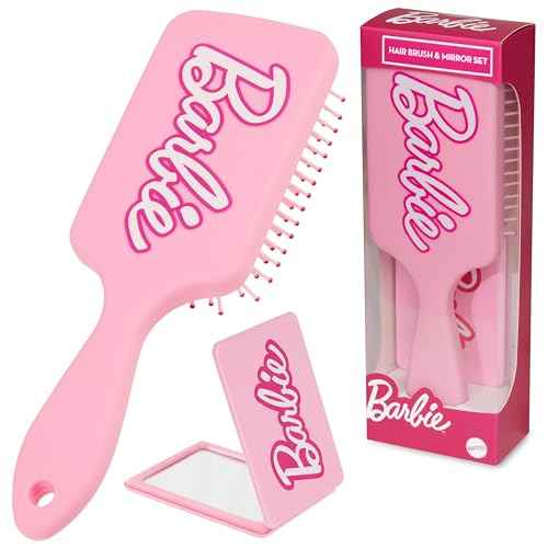 Barbie Detangle Hair Brush for Women Teenagers Girls, Paddle Brush and Compact Mirror Set - Gifts for Her