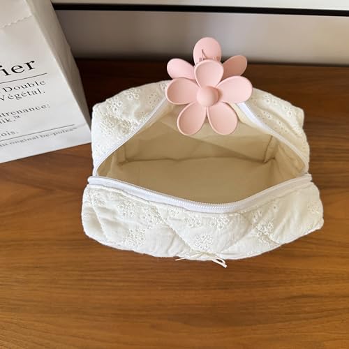 Cotton Quilted Makeup Bag Coquette Accessories Make up Bag Organizer Cute Floral Cosmetic Pouch Travel Makeup Bag for Women,Embroidery White