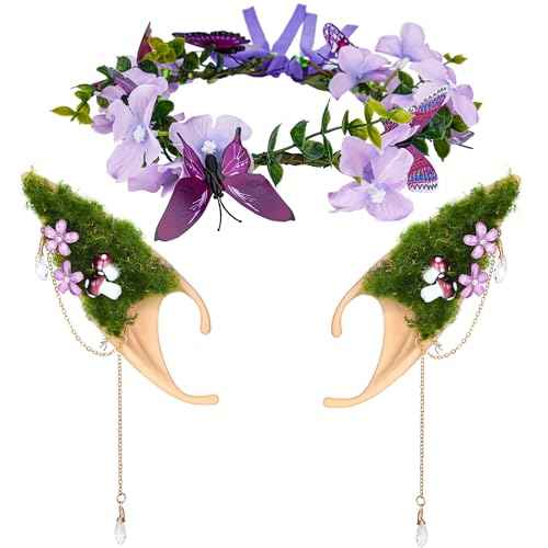 Renaissance Mushroom Elf Ears with Crown - Flower Butterfly Headpiece Soft Elven Fairy Ears and Woodland Floral Headpiece for Women Christmas Renfaire Halloween Cosplay Bridal Party Photo Shoot Props