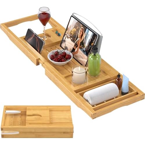 Foldable Bathtub Caddy Tray for Tub,Bamboo Expandable Bath Table Trays,Premium Bathroom Accessories for New Home & Mothers Day & Birthday Gifts for Couples,Natural