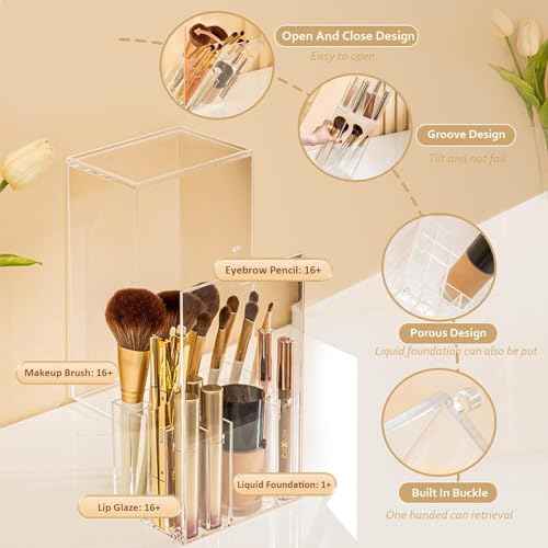 Makeup Brush Holder, Clear Make Up Brush Holder Organizer with 17 Slots, Tilt Open Large Makeup Brush Holde with Lid, Acrylic Makeup Organizer for Vanity Decor Office Home