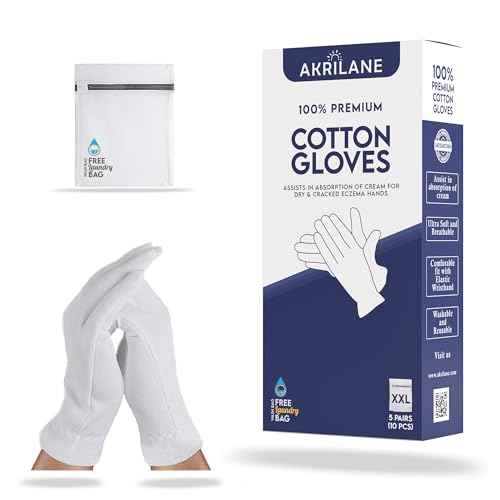 XXL Extra Extra Large 5 Pairs 100% Premium Cotton Gloves for Dry Hands | Moisturizing Overnight Gloves for Eczema, Psoriasis & Skin Spa Treatment for Women & Men | Free Laundry Bag