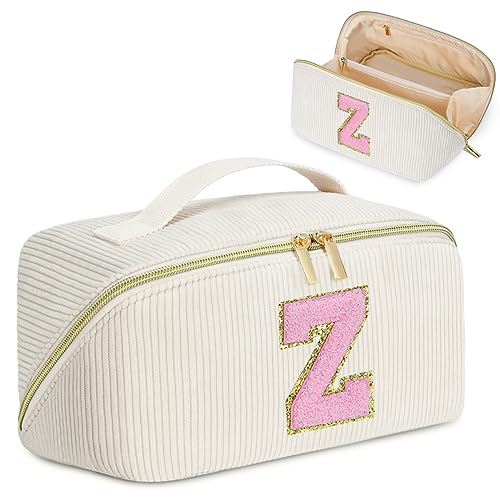 Personalized Initial Makeup Bag,Christmas Gifts for Girl,Preppy Bag Cosmetic Travel Bag Women,Travel Toiletry Organizer,Large Capacity Corduroy Stuff Bag,Cute Cosmetic Pouch Skincare Bag-Z