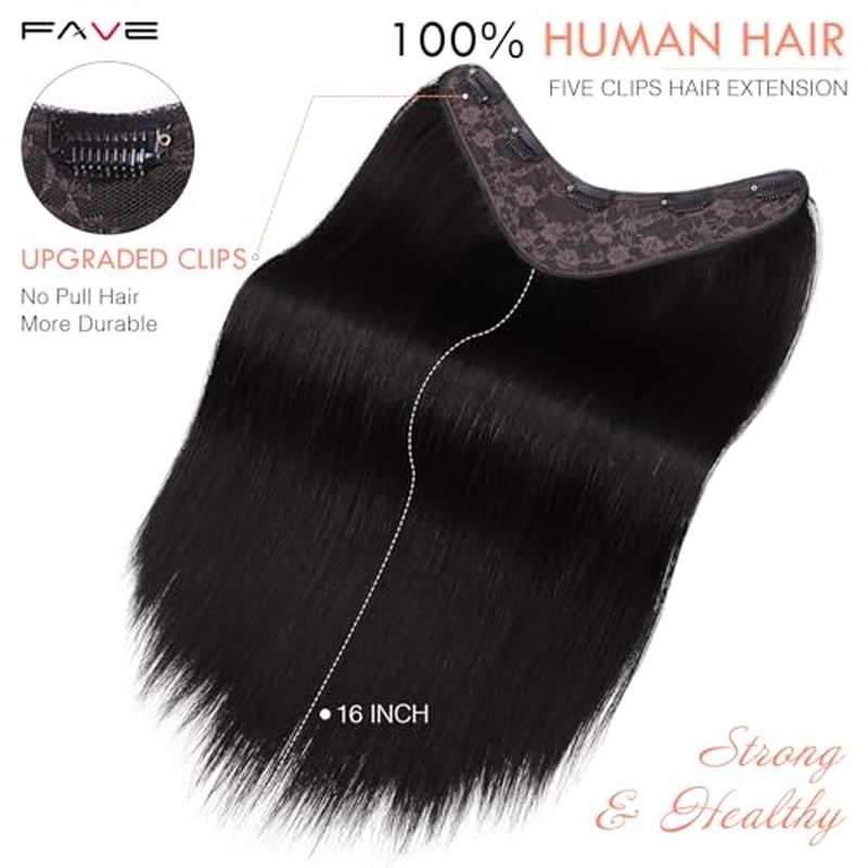 FAVE 110g Human Hair Extensions 16 Inch Seamless Clip in Hair Extensions Human Hair Upgraded V-Shape 100% Remy Human Hair Hairpieces for Volume & Length (Natural Black)