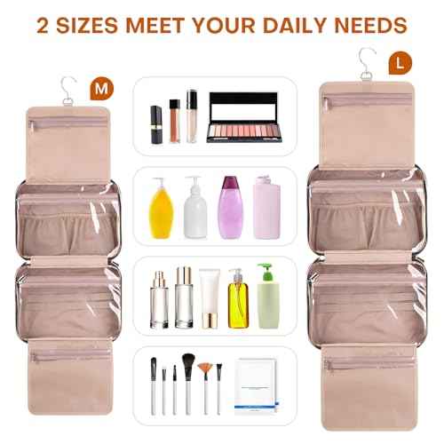 Hanging Toiletry Bag for Women Travel, 2 Sizes Large & Small Waterproof Cosmetic Organizer with 4 Compartments, Rotating Hook, Foldable Pink Travel Bag for Toiletries & Makeup - Medium Pink