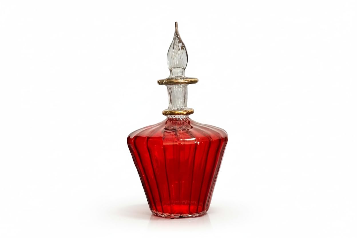 Les Trois Pyramides Hand-Blown Red Glass Perfume Bottle with 14K Gold Detailing | Refillable Decorative Glass Bottle | Egyptian Art