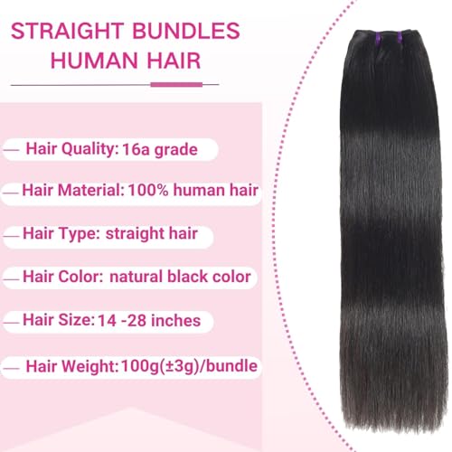 Beauty Queen 16A Human Hair Bundles Straight (16 16 16 Inch) 100% Unprocessed Brazilian Weave 3 Bundles Thick Straight Virgin Remy Human Hair Natural Color Hair Extensions