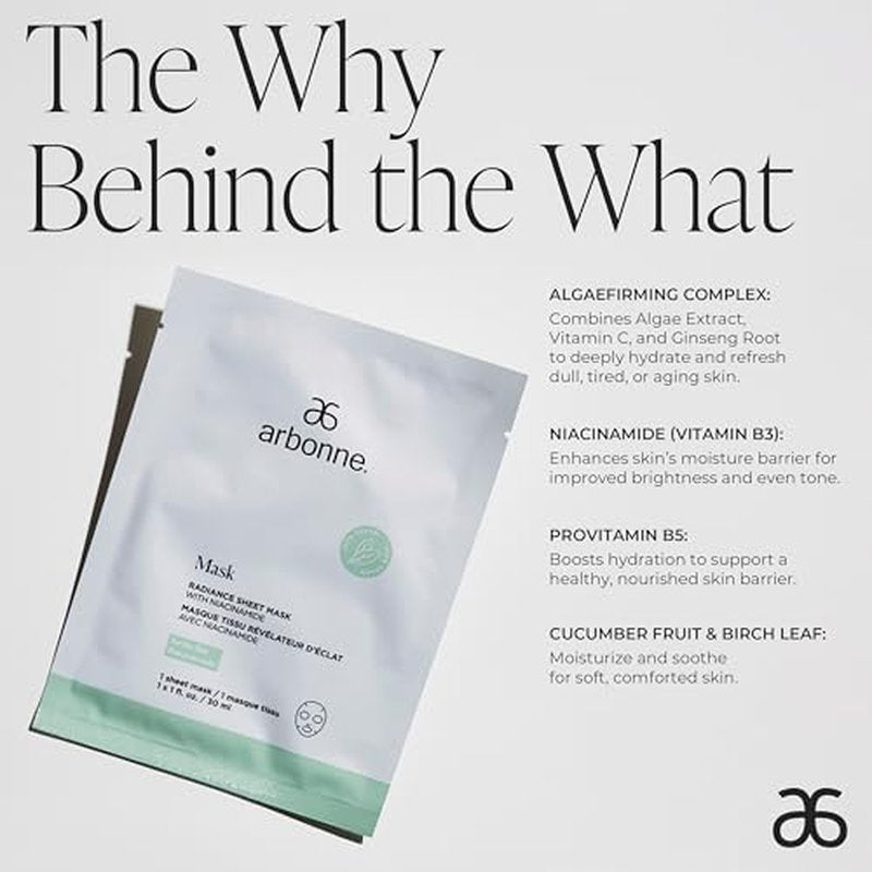 Arbonne Radiance Face Sheet Mask - Sheet Face Mask with Niacinamide for Dry and Dull Skin, Enhance Brightness, Tone, Smooth and Hydrate Skin - 5 Pack