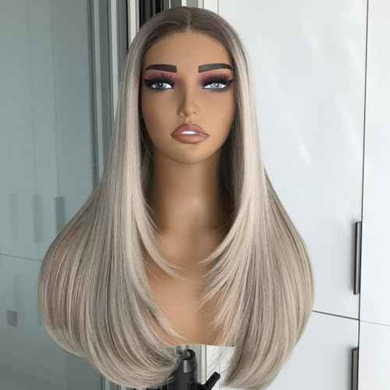 Pre Cut No Glue Lace Wig Ash Blonde Wear and Go Glueless Synthetic Lace Front Wig for Women with Bangs Layered Straight Wigs Pre Plucked Highlight Dirty Blonde Wig 3 Seconds to Wear 20Inch