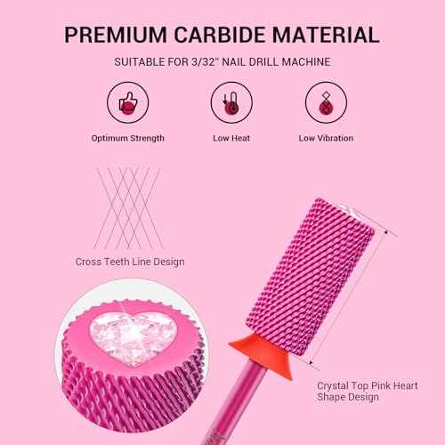 MelodySusie Large Barrel 3/32'' Tungsten Carbide Nail Drill Bit, Crystal Top Pink Heart Shape, Fast Remove Acrylic Gel, Cuticle Gel Polishing for Manicure Pedicure, Pink Blossom, Series Bit-S, Fine