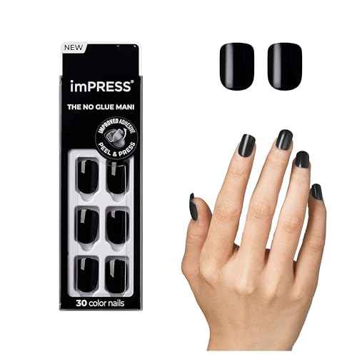 KISS imPRESS No Glue Mani Press On Nails, , 'All Black', Black, Short Size, Squoval Shape, Includes 30 Nails, Prep Pad, Instructions Sheet, 1 Manicure Stick, 1 Mini File