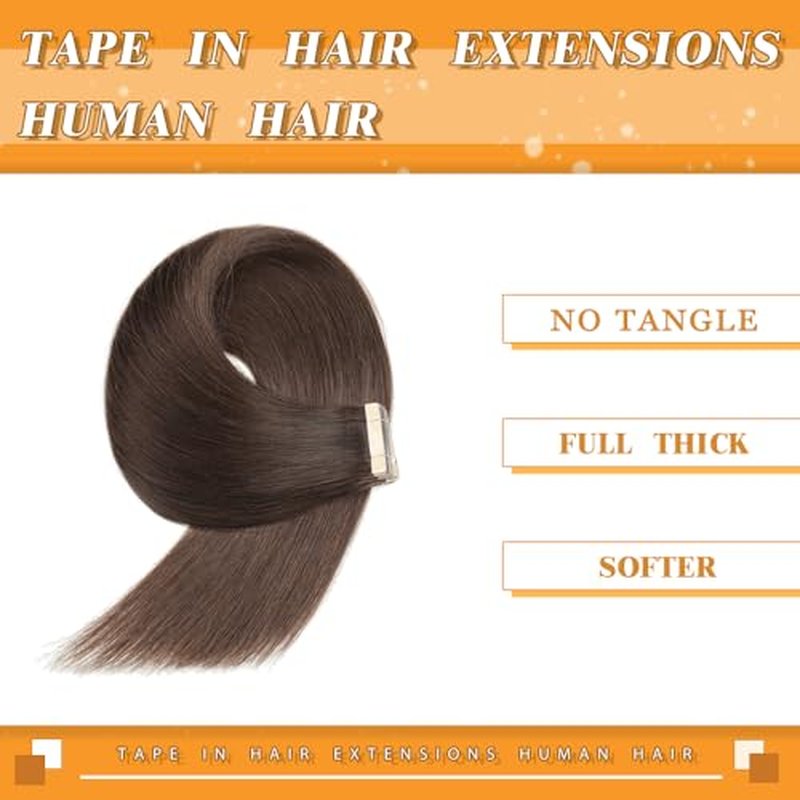 YDDM 20 Inch Tape in Hair Extensions Human Hair, Dark Brown 20pcs 100% Remy Human Hair Straight Seamless Invisible Tape in Hair Extensions(2#, 20 Inch)