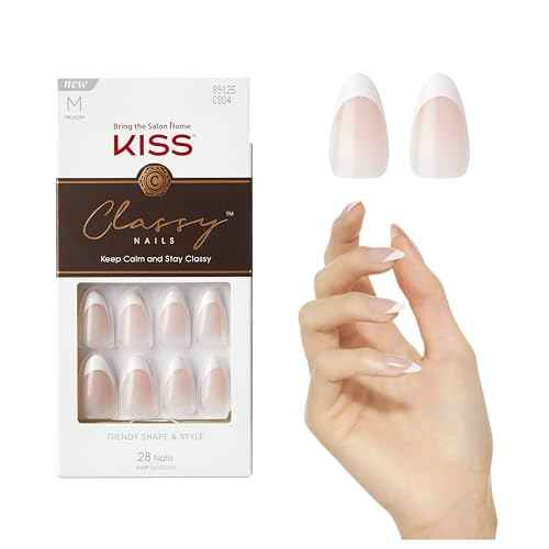 KISS Classy, Press On Nails, Nail glue included, 'Dashing', Light White, Medium Size, Almond Shape, Includes 28 Nails, 2g glue, 1 Manicure Stick, 1 Mini File