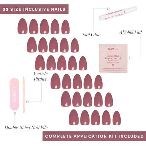 Glamnetic Press On Nails - Fall Mauve | Opaque Muted Blush Mauve Short Oval Fake Nails, Salon Quality | 15 Sizes - 30 Nail Kit