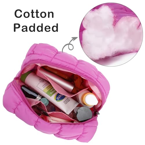E-Tree Cute Makeup Bag,Quilted Cosmetic Bag,Make up Pouch for Purse,Toiletry Zipper Pouch,Checkered Bag,Travel Case,Storage Pouches for Organization (Hot Pink)