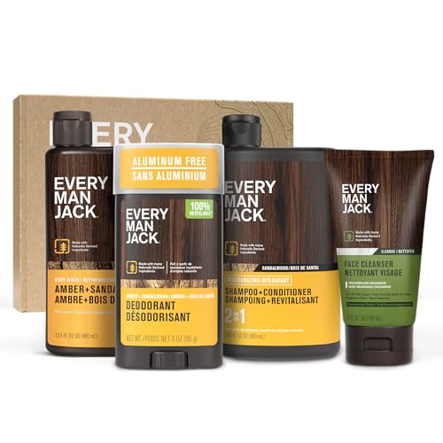 Every Man Jack Men¡¯s Amber + Sandalwood Bath and Body Gift Set - Clean Ingredients & Sandalwood, Amber, and Vetiver scent - Round Out His Routine with Body Wash, 2-in-1 Shampoo, Deodorant & Face Wash