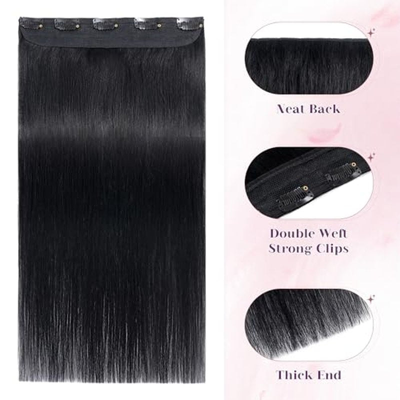 S-noilite One Piece Hair Extensions Clip in Human Hair 5 Clips 3/4 Full Head Clip on Remy Hair Extension for Women,One-Piece Design Adding Hair Volume 20 Inch 50g #Jet Black