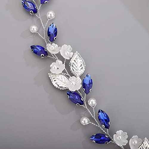 Flower Leaf Crystal Wedding Hair Vine for Bride Bridesmaid Pearls Crystal Hair Accessories for Women and Girls Blue