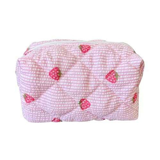 Cotton Quilted Makeup Bag Coquette Accessories Make up Bag Organizer Cute Floral Cosmetic Pouch Travel Makeup Bag for Women strawberry