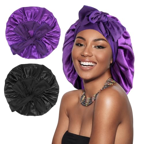 Arqumi 2 Pcs Satin Silk Bonnet for Sleeping Women, Large Long Strap Tie Band Adjustable Sleep Night Cap Hair Bonnet Wrap for Men, Black+Purple