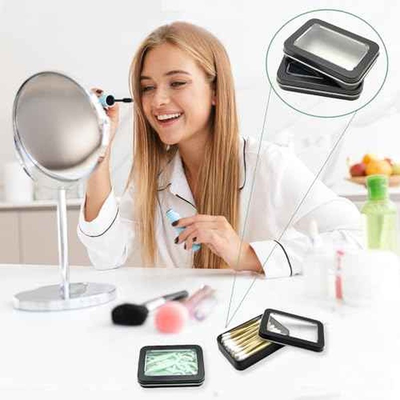 Cotton Swab Holder for Travel, 2 Pcs Portable Small Dental Floss Holder Empty Metal Cotton Ball Holder, Travel Floss Picks Case with Dustproof Lid for Cotton Swabs Hair Ties Floss, Black