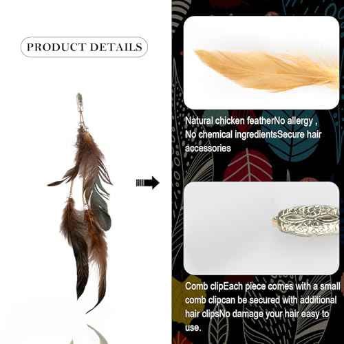 ICYANG Women Feather Hair Clips, 6 Pieces Handmade Boho Hippie Hair Extensions with Clip DIY Viking Hair Accessories Headdress