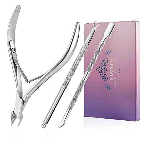 YINYIN Professional Stainless Steel Nippers, Cutter Clippers, Cuticle Remover, Trimmer with Pusher, Pedicure Manicure Tools for Fingernails and Toenails, Sliver