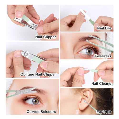 Manicure Set-Stainless Steel Nail Care Set-Professional 7 in 1 Ingrown Toenail Clipper Grooming Tool-Pedicure Kit & Toe Nail Cutter-Thick Nail Scissors Toiletries with Cuticle Trimmer (Green)