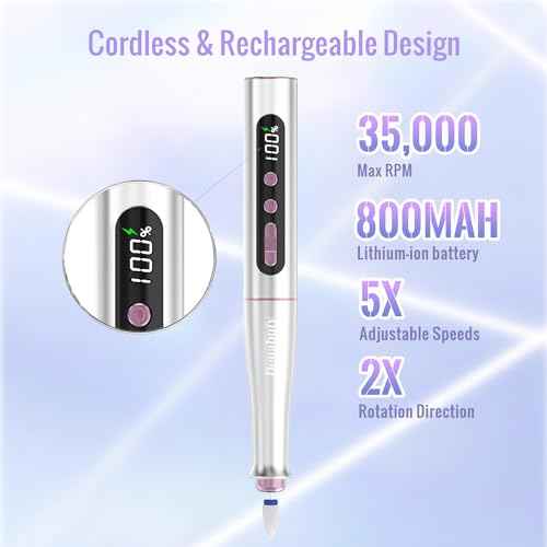 Cordless Electric Nail Drill Machine, 13 in 1 Nail File Kit 35000RPM Professional Portable Rechargeable E File for Acrylic Polish Gel Removal Manicure Pedicure Set with 5 Speeds DN-2402