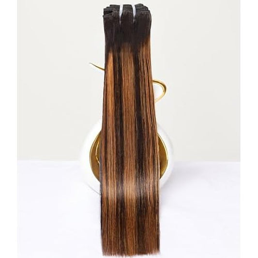 mlip Raw Bundles Human Hair Straight, No Tangle Shedding, Keep Texture Silky Soft After Multiple Washes, 15A Raw Indian Hair Bundles 12 Inches, Brown Highlight Bundles