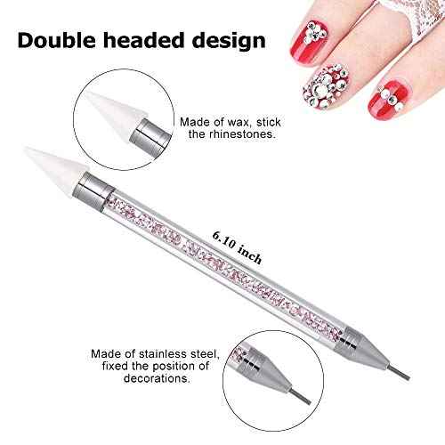 Nail Rhinestone Picker Dotting Tool with Extra 2 Wax Head, Dual-ended DIY Nail Art Tool With Pink Acrylic Handle