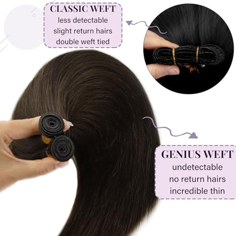 Fshine Genius Weft for Women Darkest Brown 20 Inch 60g Remy Human Extensions Human Bundle Natural Straight Long Weave One Piece Genius Weft
