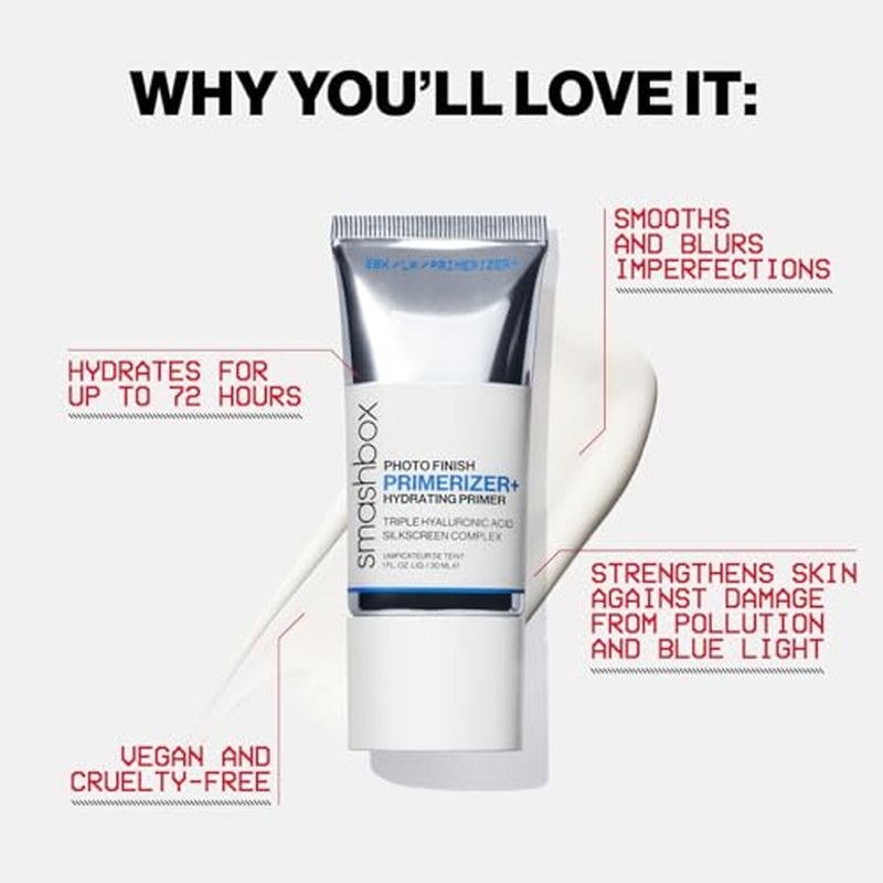 Smashbox Photo Finish Primerizer | Hydrating Primer for 72 Hours, Smoothes Skin with Silky Barrier | Triple Hyaluronic Acid, Niacinamide, Silkscreen Complex & Silicone Free