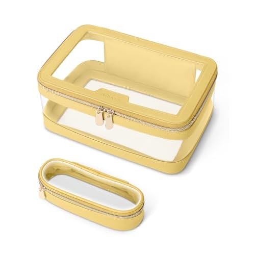 Travel Clear Makeup Bag with Makeup Brush Bag, Leather Makeup Case Toiletry Bag, Portable Cosmetic Bag Case, Transparent Waterproof Cosmetic Organizer Storage Bag for Women, Yellow
