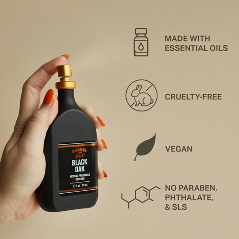 Barrel and Oak - Natural Fragrance Cologne, Cologne for Men, Eau de Cologne, Essential Oil-Based Scent, Warm Oak & Spicy Bergamot, Subtle Earthy Fragrance, Paraben & SLS Free, Vegan (Black Oak, 2.7oz)