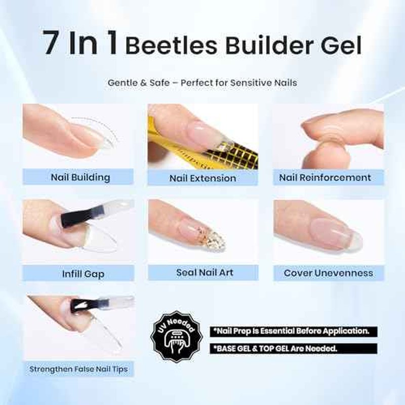 Beetles Builder Gel Set,Dew Glow 2 Pcs 0.5 oz 8 in 1 Nail Strengthening Apex Building Nail Extension for Beginner DIY Salon at Home,Clear Gel Builder for Christmas & Winter Nails,UV & LED Lamp Needed