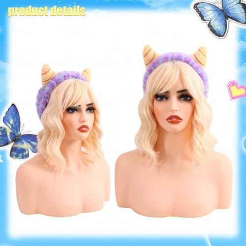 Face Wash Headband,Shaggy Monsters Headband with Horn Makeup Elastic Hairband Skincare Headbands for Women Cartoon Hair Accessories (Blue and Purple, Normal)