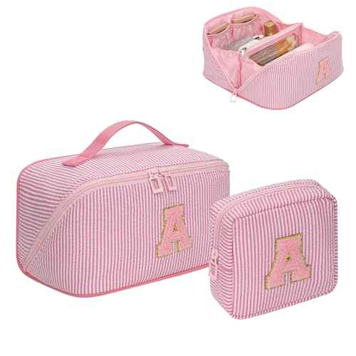 Travel Makeup Bag for Women, 2Pcs Portable Personalized Initial Makeup Organizer Bag, Open Flat Large Cosmetic Bag With Travel Essential Pouch (Pink Letter A)