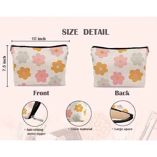 Retro Groovy 60s 70s Daisy Flowers Makeup Bag Cosmetic Bag Zipper Pouch Toiletry Bags,Groovy Gifts for Women Teen Girls Her