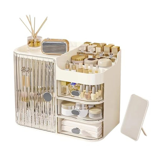 DASITON Makeup Organizer for Vanity,Large Capacity Makeup Storage Organizer with 3-Layer Drawers and Mirror,Cosmetics Display Case Make up Organizers for Vanity,Bedroom,Countertop(Clear-Cream)