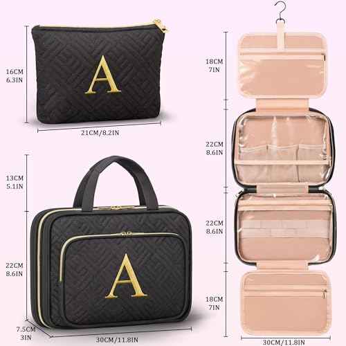 Gifts for Women, Initial Toiletry Makeup Bag Hanging Cosmetic Organizer with Embroidery Letter Personalized Nurse Teacher Appreciation Gift Birthday Christmas Gifts for Mom Sister Wife Friend Auntie